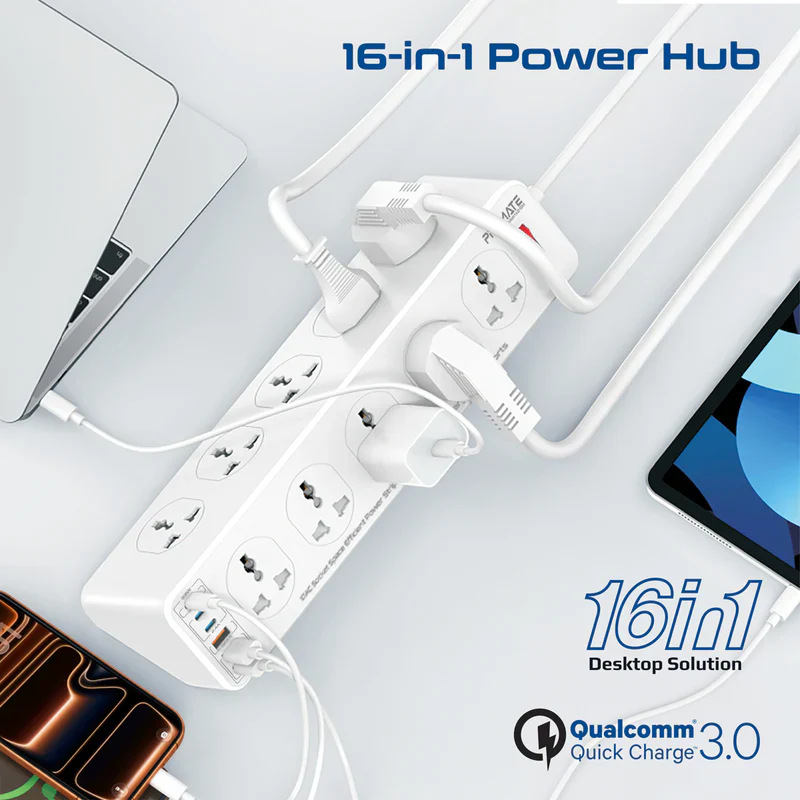 Promate PowerMatrix2-5M 10AC Socket Space Efficient Power Strip with Multiple Fast Charging USB Ports - Image 5