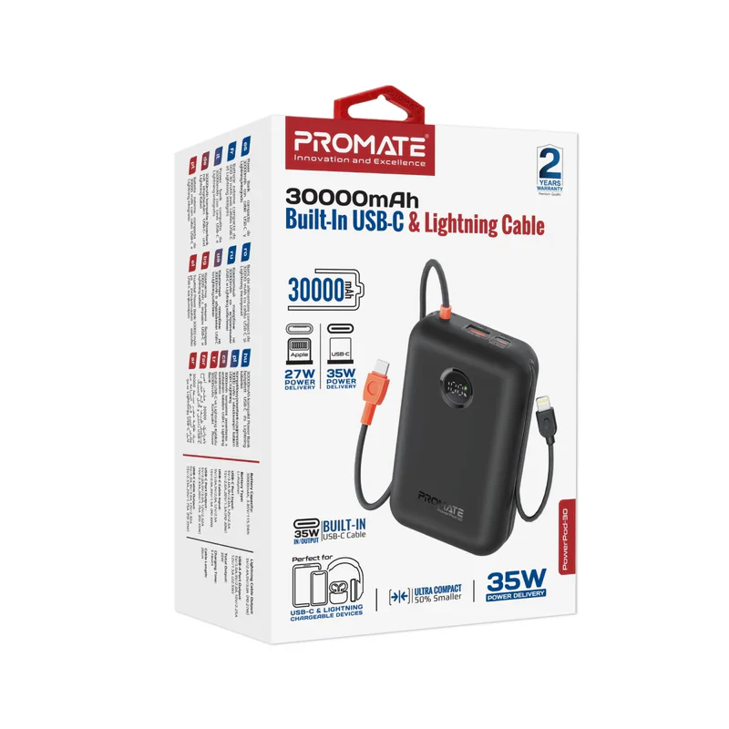 Promate PowerPod-30 30000mAh Compact Power Bank with Built-In USB-C & Lightning Cable - Black - Image 2