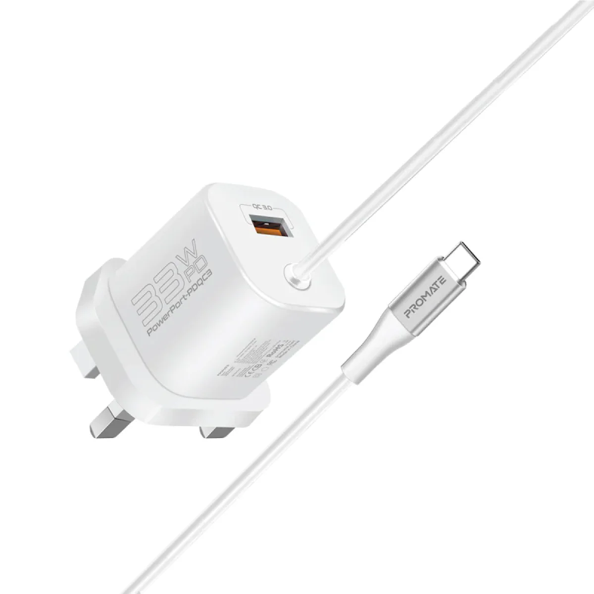 Promate PowerPort-PDQC3 USB-C Charger Premium 33W with 22.5W
