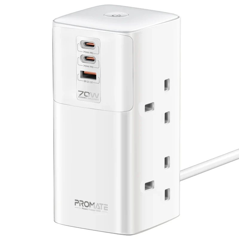 Promate PowerTower 70W Multi-Port Charging Station with Quad AC Sockets