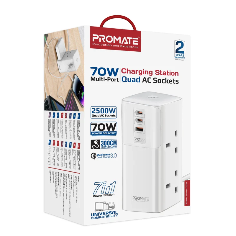 Promate PowerTower 70W Multi-Port Charging Station with Quad AC Sockets - Image 2