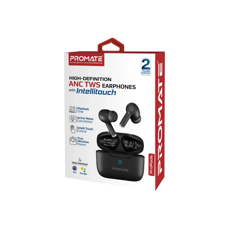 Promate Propods High-Definition ANC TWS Earphones with intellitouch - Black - Image 2