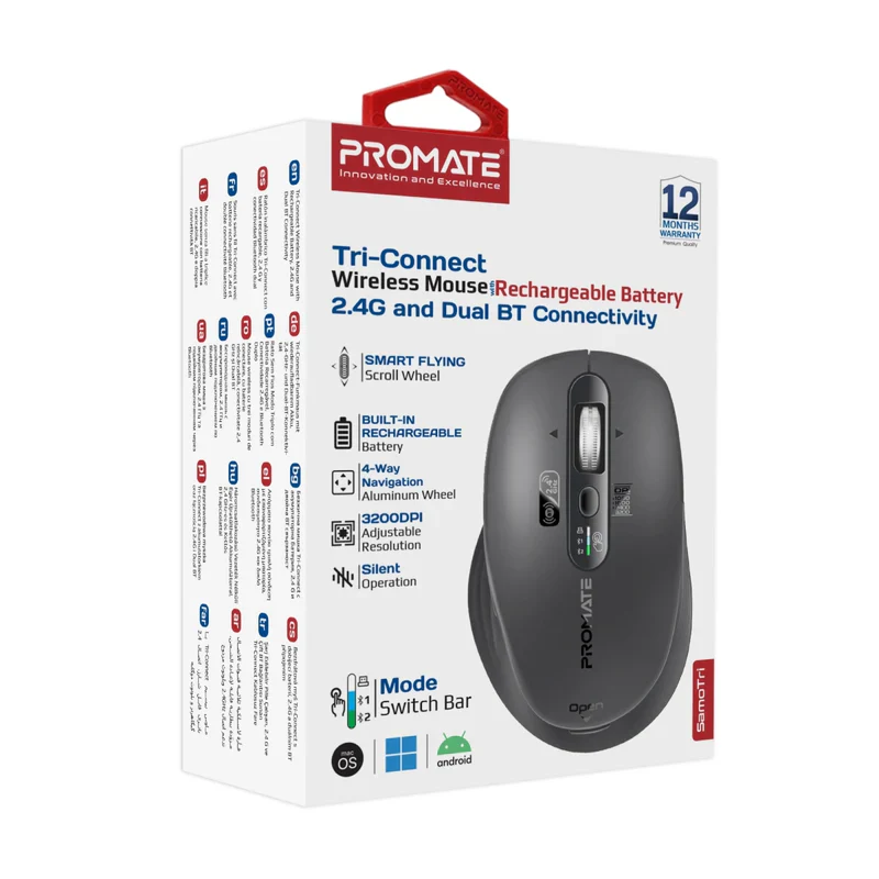 Promate SamoTri Tri-Connect Wireless Mouse with Rechargeable Battery, 2.4G and Dual BT Connectivity - Black