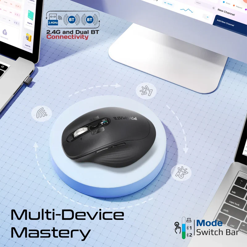 Promate SamoTri Tri-Connect Wireless Mouse with Rechargeable Battery, 2.4G and Dual BT Connectivity - Black - Image 3