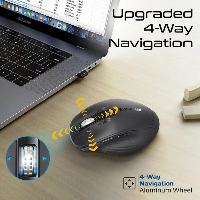 Promate SamoTri Tri-Connect Wireless Mouse with Rechargeable Battery, 2.4G and Dual BT Connectivity - Black - Image 4