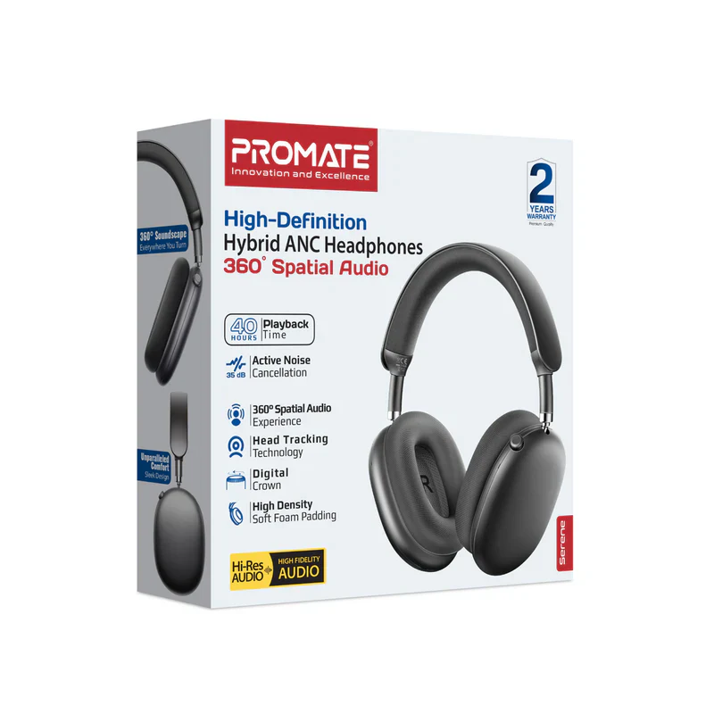 Promate Serene High-Definition Hybrid ANC Headphones with 360° Spatial Audio - Image 2