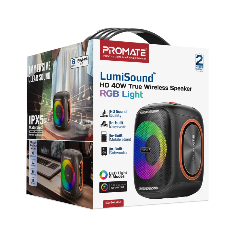 Promate Strike-40 True Wireless Speaker LumiSound HD 40W Stereo Sound HD with Dynamic RGB Light