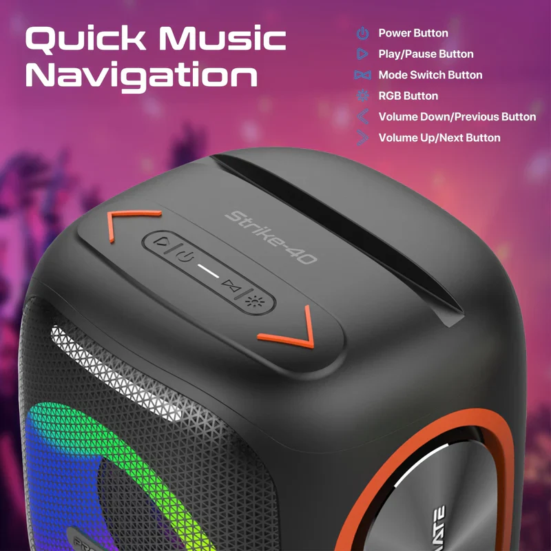 Promate Strike-40 True Wireless Speaker LumiSound HD 40W Stereo Sound HD with Dynamic RGB Light - Image 8
