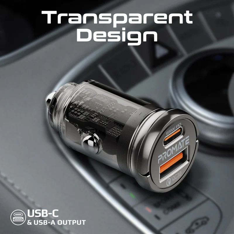 Promate TransDrive-65W RapidCharge Transparent Mini Car Charger with Power Delivery & QC 3.0 - Image 3