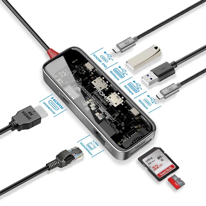 Promate Transhub-Mini USB-C™ Hub 8-in-1 Media Hub 4K@60Hz - Image 2