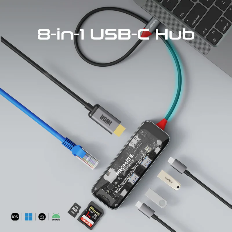 Promate Transhub-Mini USB-C™ Hub 8-in-1 Media Hub 4K@60Hz - Image 3