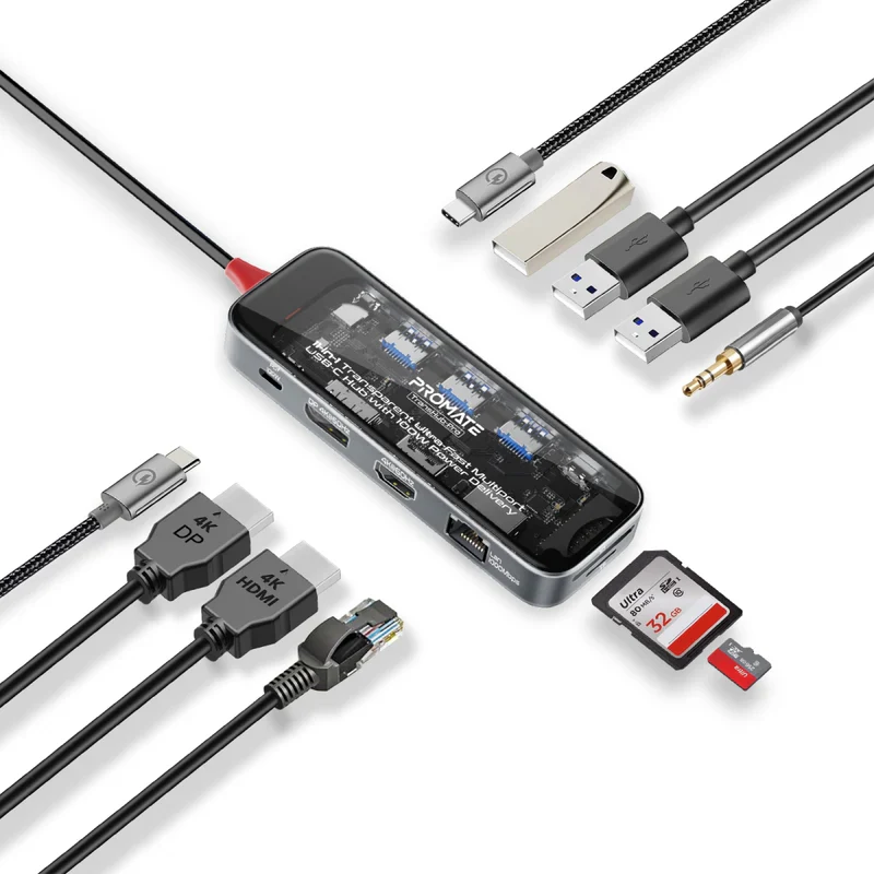 Promate TransHub-Pro USB-C Hub 11-in-1 Multi-Display 2x 4K HDMI 4K DisplayPorts - Image 2
