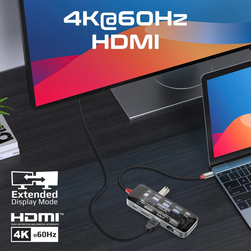 Promate TransHub-Pro USB-C Hub 11-in-1 Multi-Display 2x 4K HDMI 4K DisplayPorts - Image 4