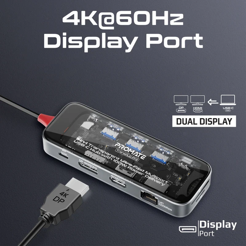 Promate TransHub-Pro USB-C Hub 11-in-1 Multi-Display 2x 4K HDMI 4K DisplayPorts - Image 5