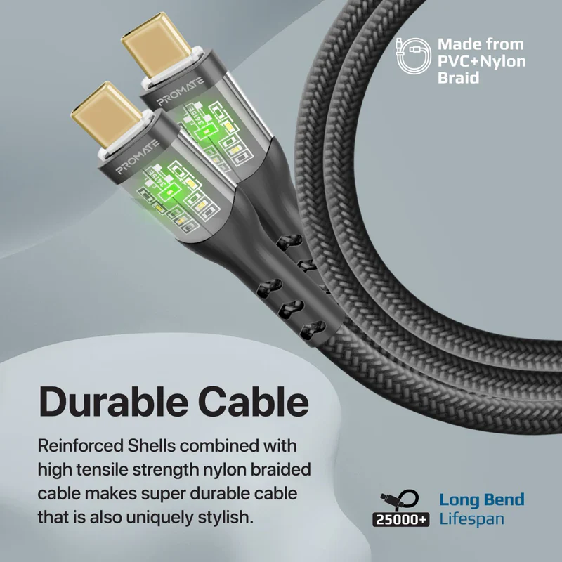 Promate TransLine-CC USB-C to USB-C Cable 60W Power Delivery Transparent Shells 120cm Nylon Braided Cord - Black - Image 2