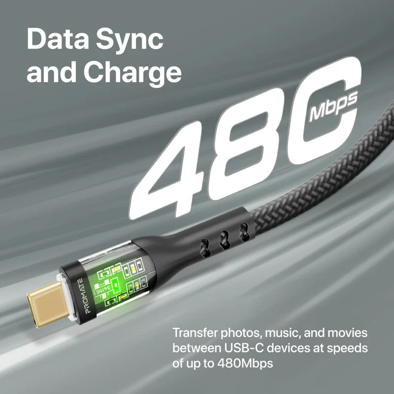 Promate TransLine-CC USB-C to USB-C Cable 60W Power Delivery Transparent Shells 120cm Nylon Braided Cord - Black - Image 3