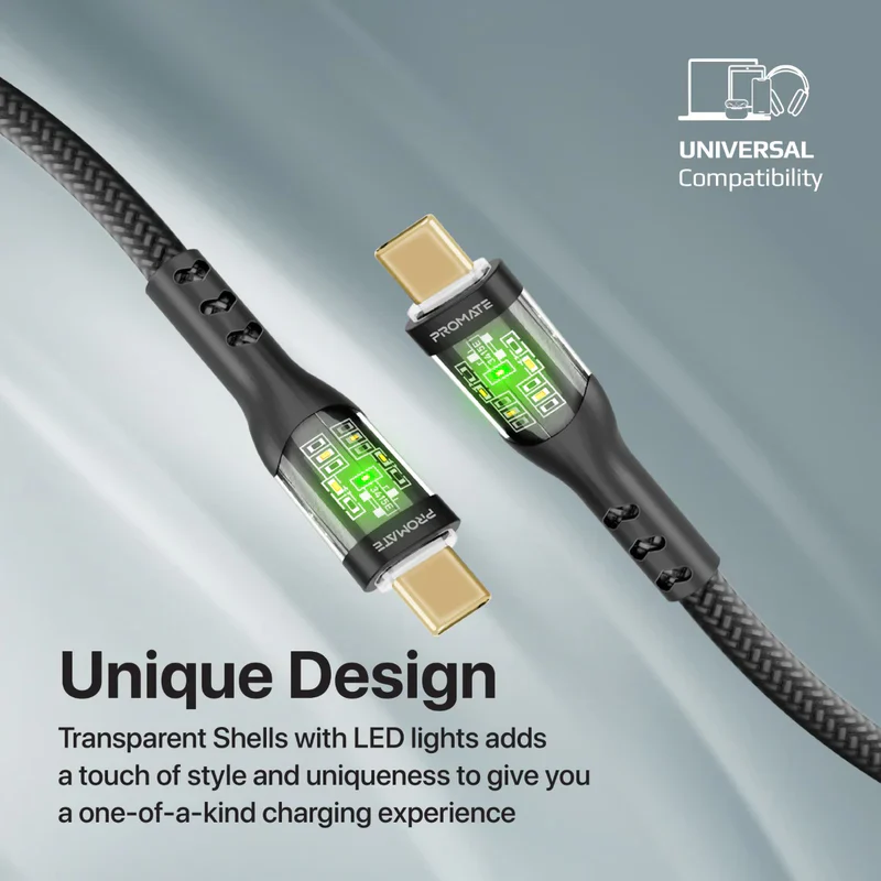 Promate TransLine-CC USB-C to USB-C Cable 60W Power Delivery Transparent Shells 120cm Nylon Braided Cord - Black - Image 5