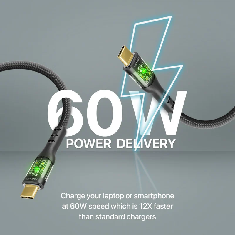 Promate TransLine-CC USB-C to USB-C Cable 60W Power Delivery Transparent Shells 120cm Nylon Braided Cord - Black - Image 6