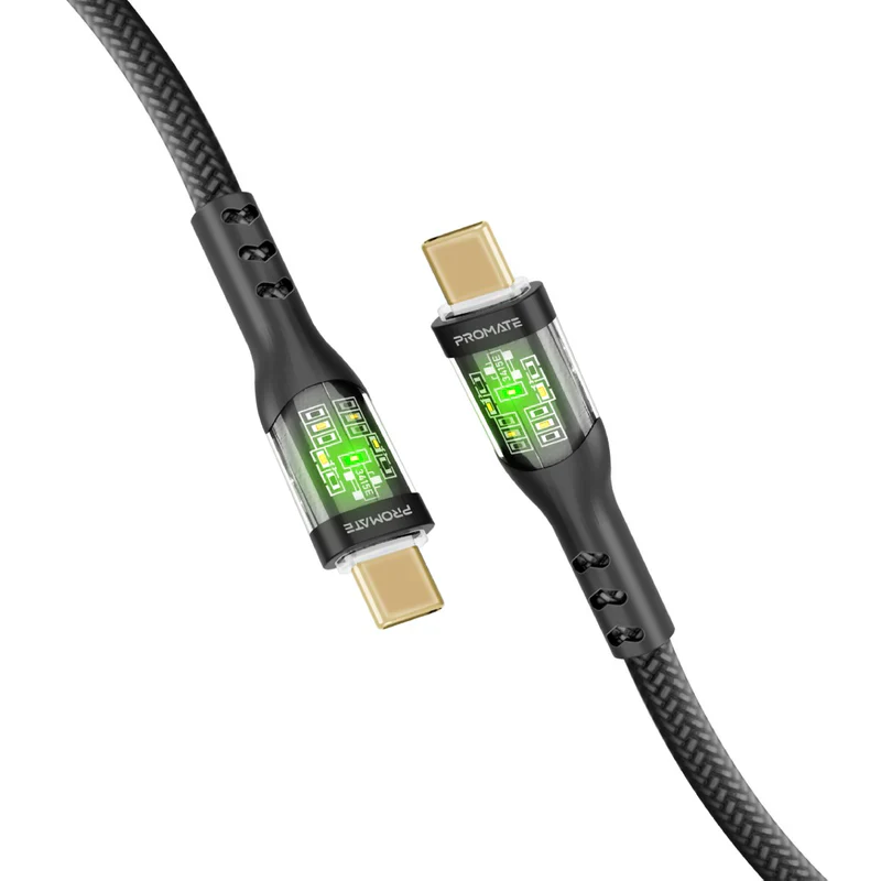 Promate TransLine-CC USB-C to USB-C Cable 60W Power Delivery Transparent Shells 120cm Nylon Braided Cord - Black - Image 7