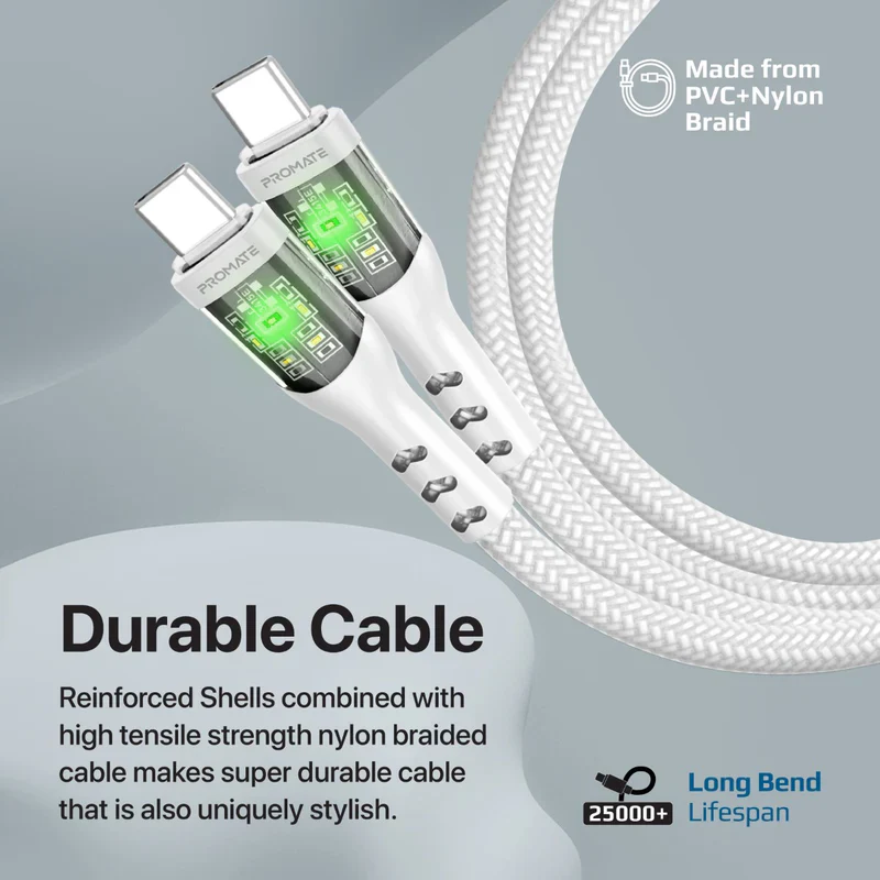 Promate TransLine-CC USB-C to USB-C Cable 60W Power Delivery Transparent Shells 120cm Nylon Braided Cord - White - Image 2