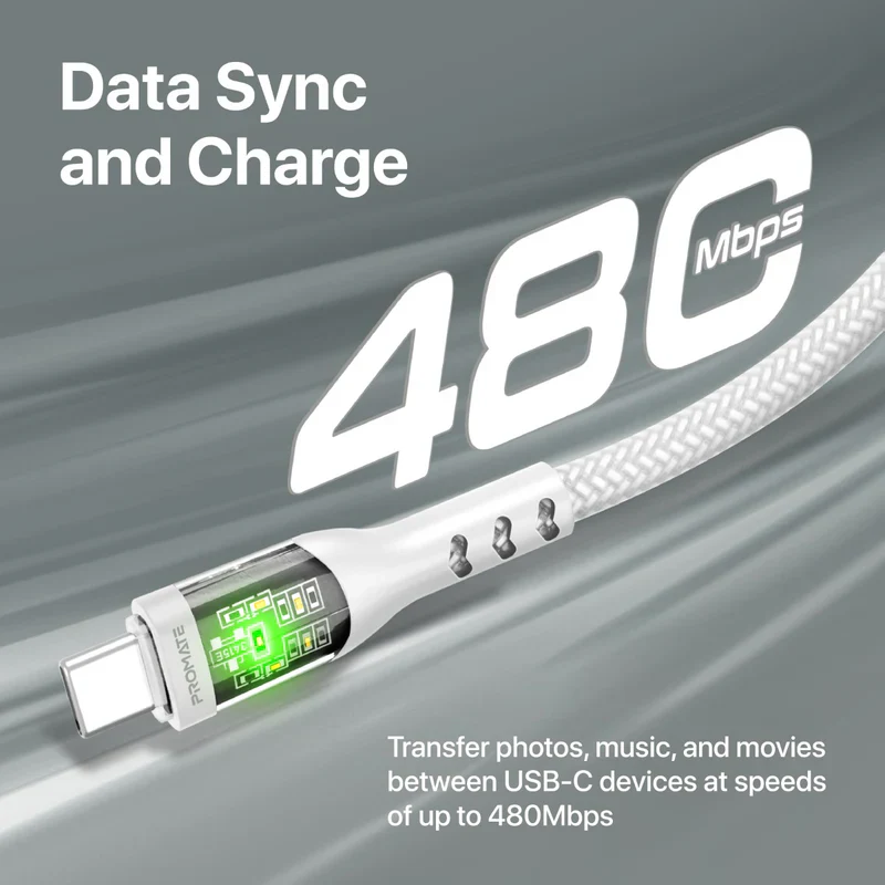 Promate TransLine-CC USB-C to USB-C Cable 60W Power Delivery Transparent Shells 120cm Nylon Braided Cord - White - Image 3