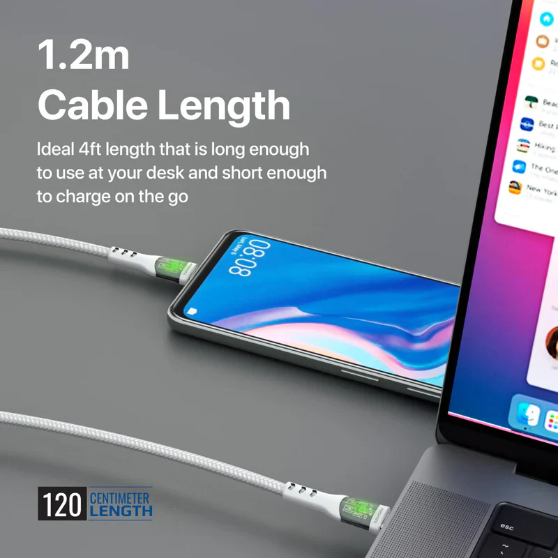 Promate TransLine-CC USB-C to USB-C Cable 60W Power Delivery Transparent Shells 120cm Nylon Braided Cord - White - Image 4