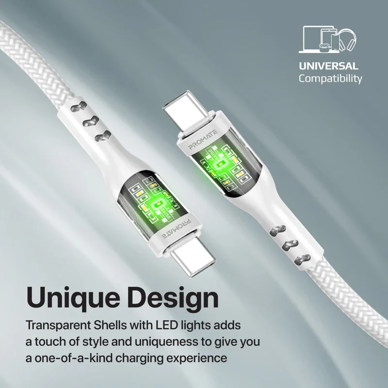 Promate TransLine-CC USB-C to USB-C Cable 60W Power Delivery Transparent Shells 120cm Nylon Braided Cord - White - Image 5