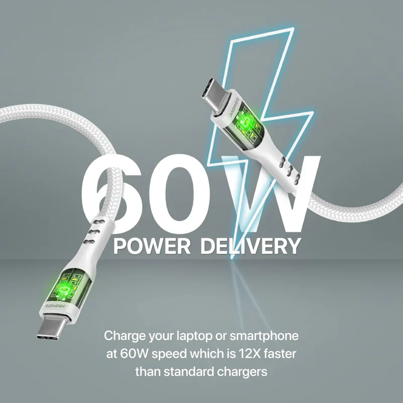 Promate TransLine-CC USB-C to USB-C Cable 60W Power Delivery Transparent Shells 120cm Nylon Braided Cord - White - Image 6
