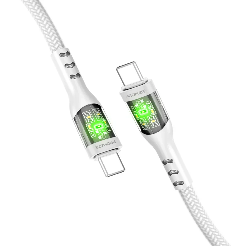 Promate TransLine-CC USB-C to USB-C Cable 60W Power Delivery Transparent Shells 120cm Nylon Braided Cord - White - Image 7