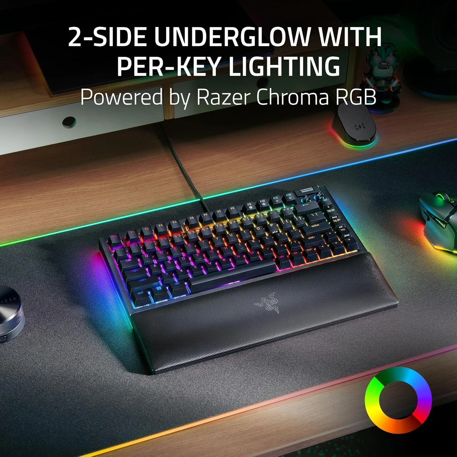 Razer BlackWidow V4 75% Mechanical Hot-swappable Compact & Durable Chroma MF Roller & Media Keys Wrist Rest Orange Tactile Switches - Black - Image 4