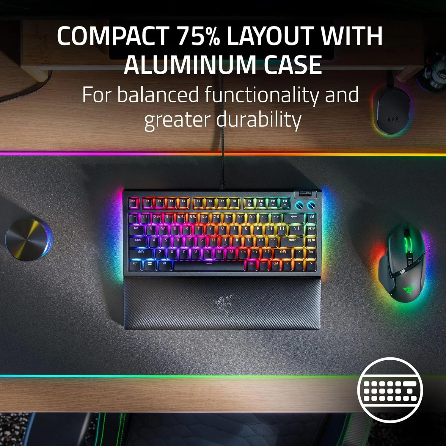 Razer BlackWidow V4 75% Mechanical Hot-swappable Compact & Durable Chroma MF Roller & Media Keys Wrist Rest Orange Tactile Switches - Black - Image 5