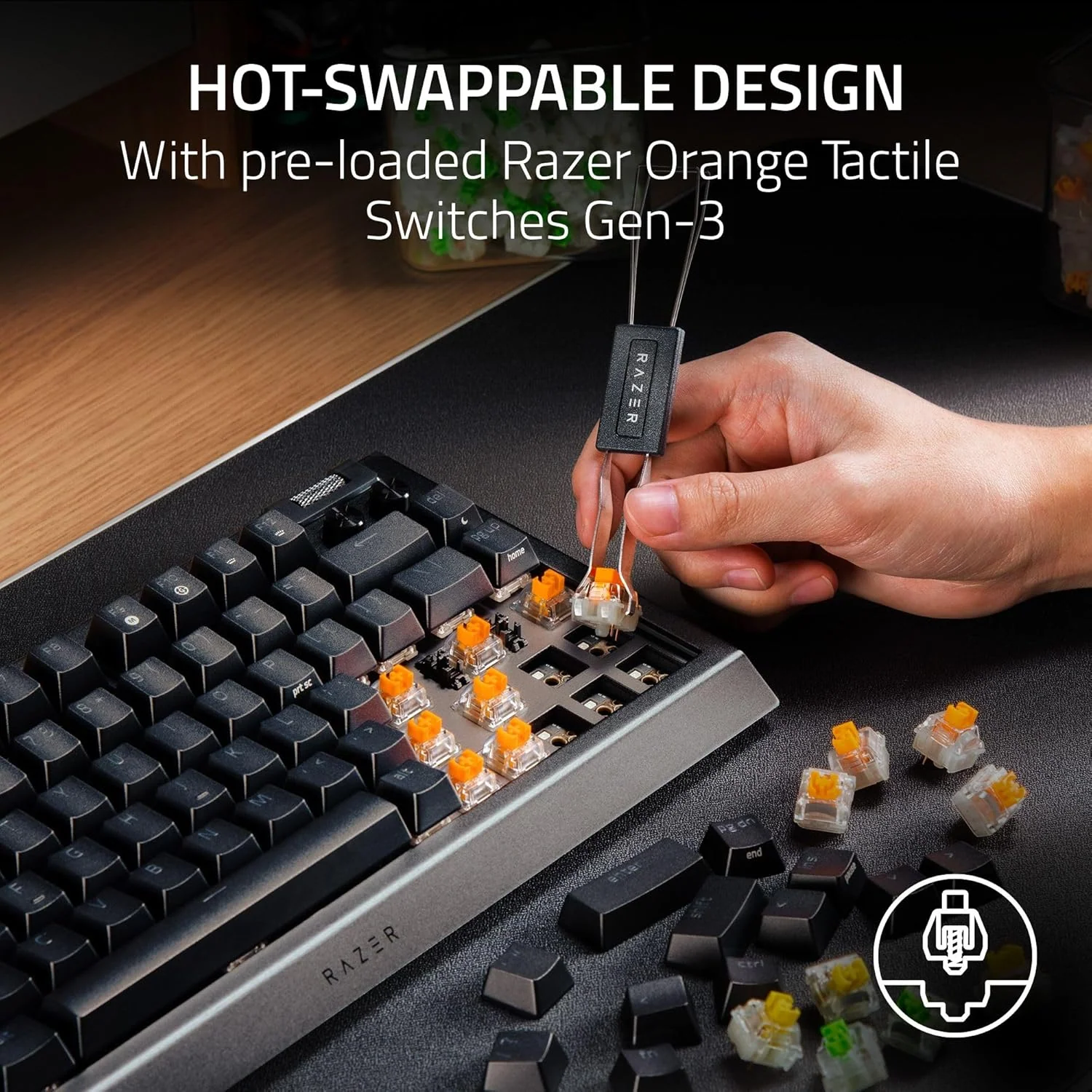 Razer BlackWidow V4 75% Mechanical Hot-swappable Compact & Durable Chroma MF Roller & Media Keys Wrist Rest Orange Tactile Switches - Black - Image 6
