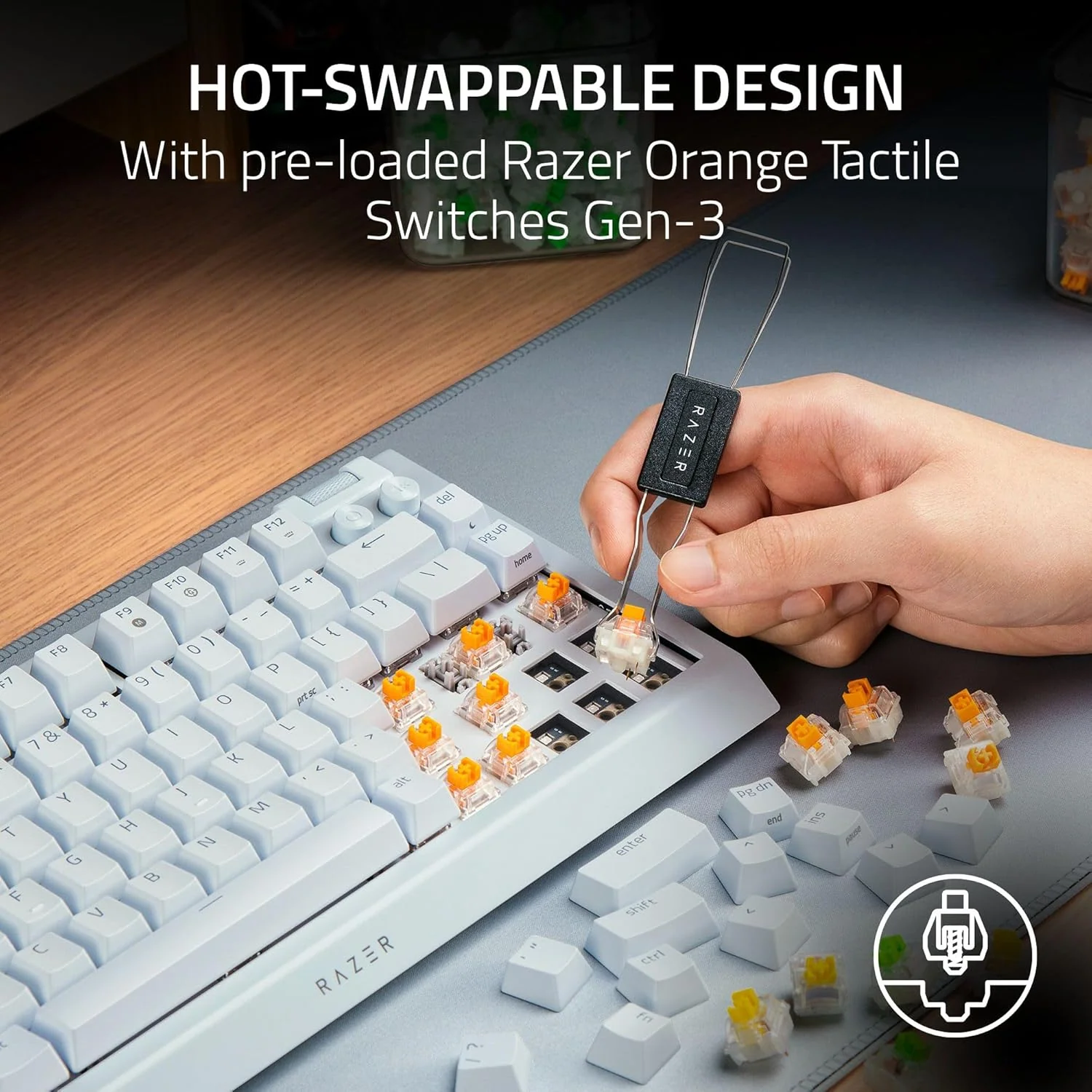 Razer BlackWidow V4 75% Mechanical Hot-swappable Compact & Durable Chroma MF Roller & Media Keys Wrist Rest Orange Tactile Switches - White - Image 10
