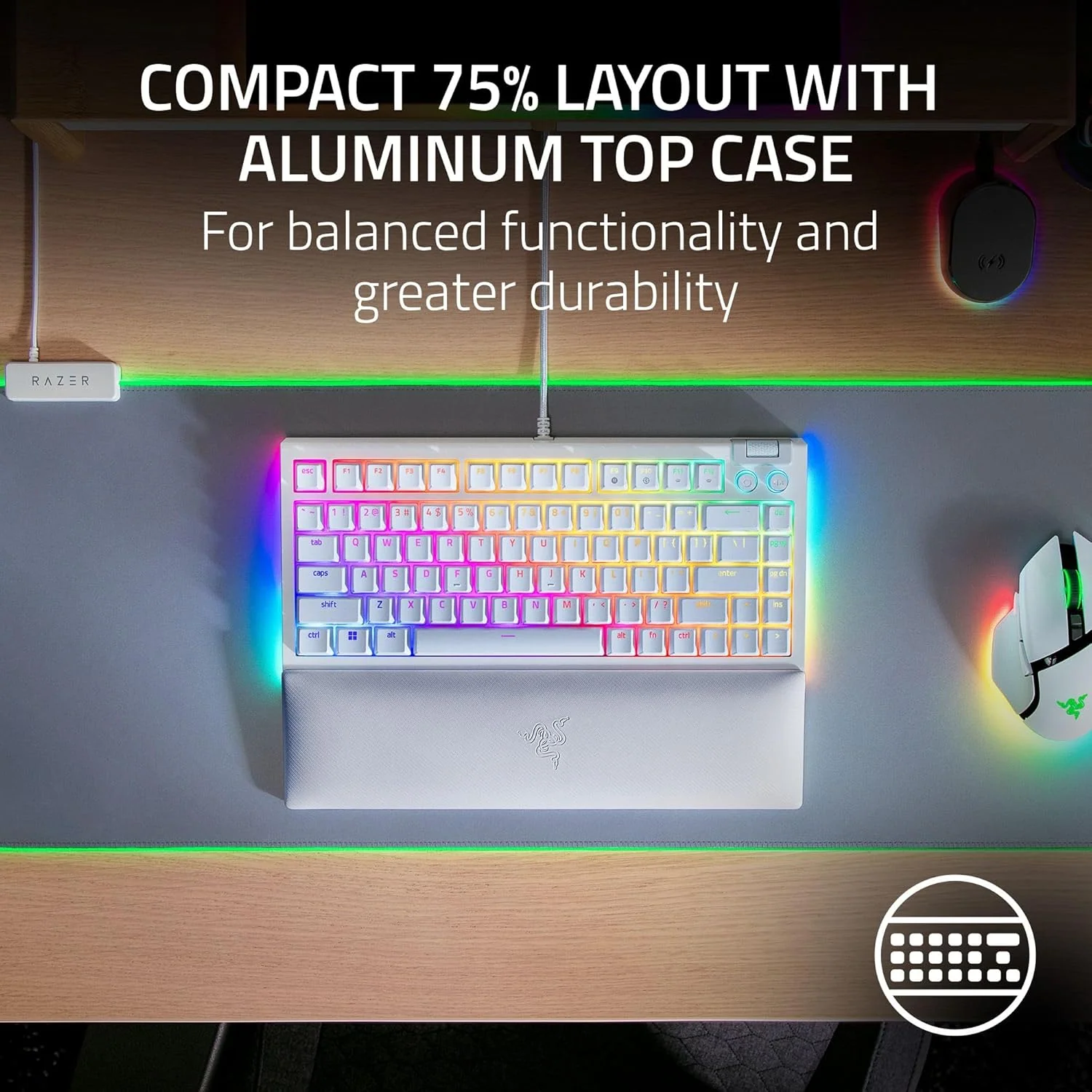 Razer BlackWidow V4 75% Mechanical Hot-swappable Compact & Durable Chroma MF Roller & Media Keys Wrist Rest Orange Tactile Switches - White - Image 9