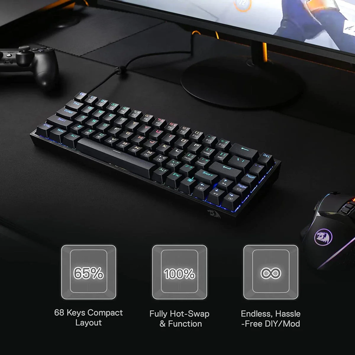 Redragon CASTOR K631 Grey 65% Wired RGB Gaming Keyboard - Image 4