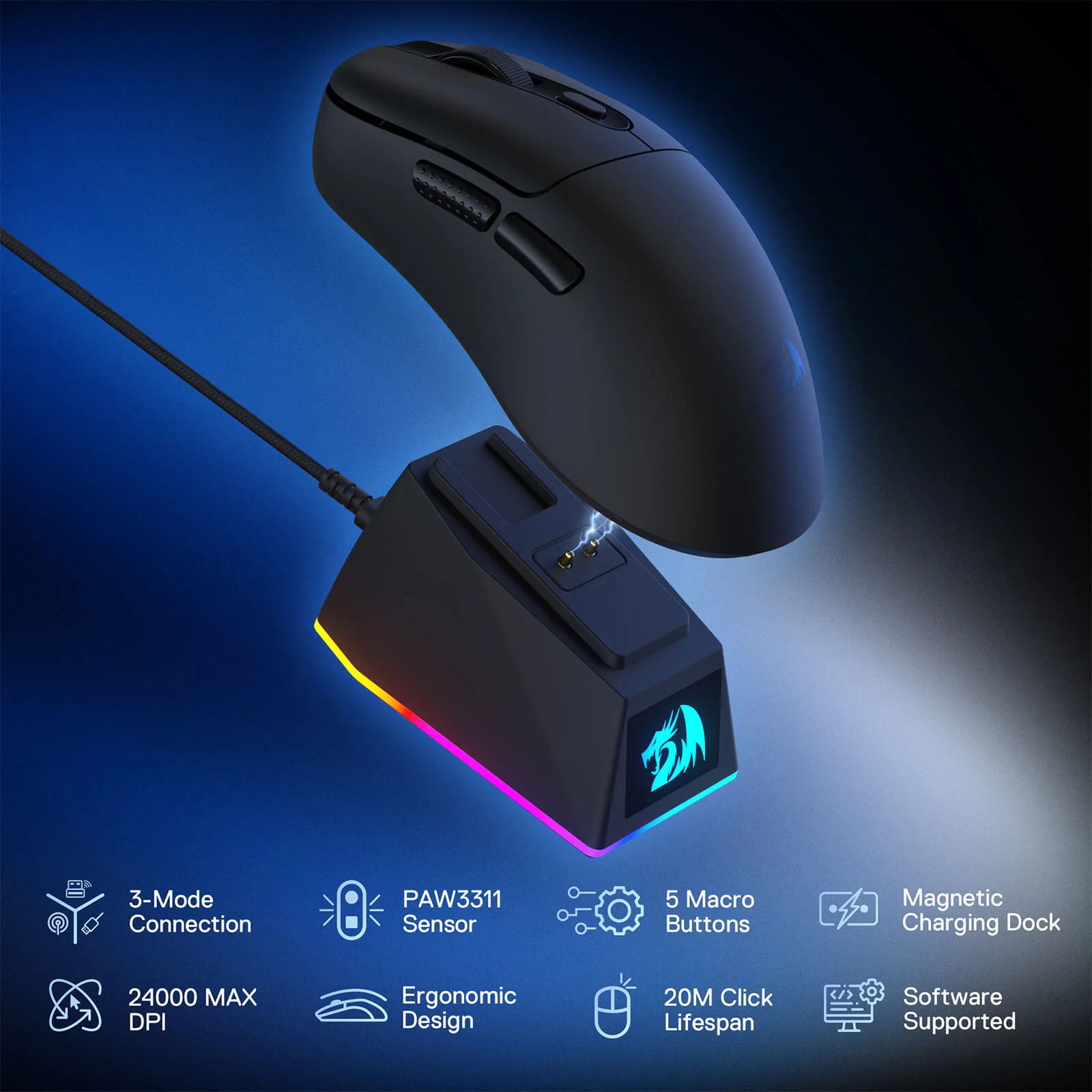 REDRAGON EBONY STANDARD M998-STD-1K 24000 DPI WIRELESS BLACK GAMING MOUSE - Image 9