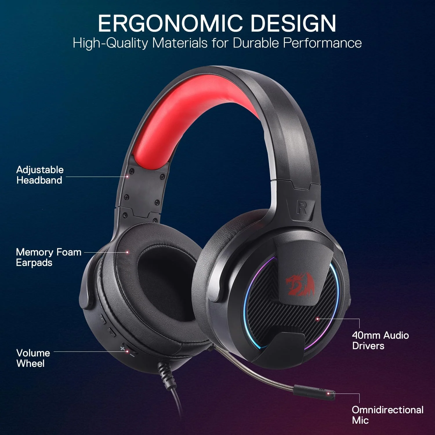 Redragon H315-RGB REBELLION Gaming Headset Wired Gaming Headset USB - Black - Image 4