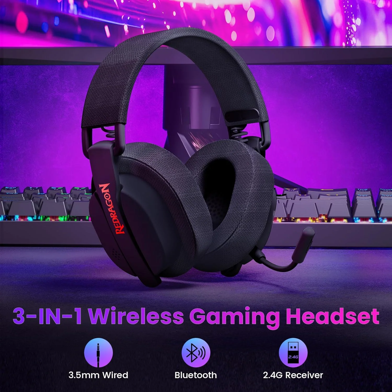 Redragon H888 LUCE Wireless Gaming Headset with 7.1 Surround Sound 3-Mode Gaming Headphones - Image 6