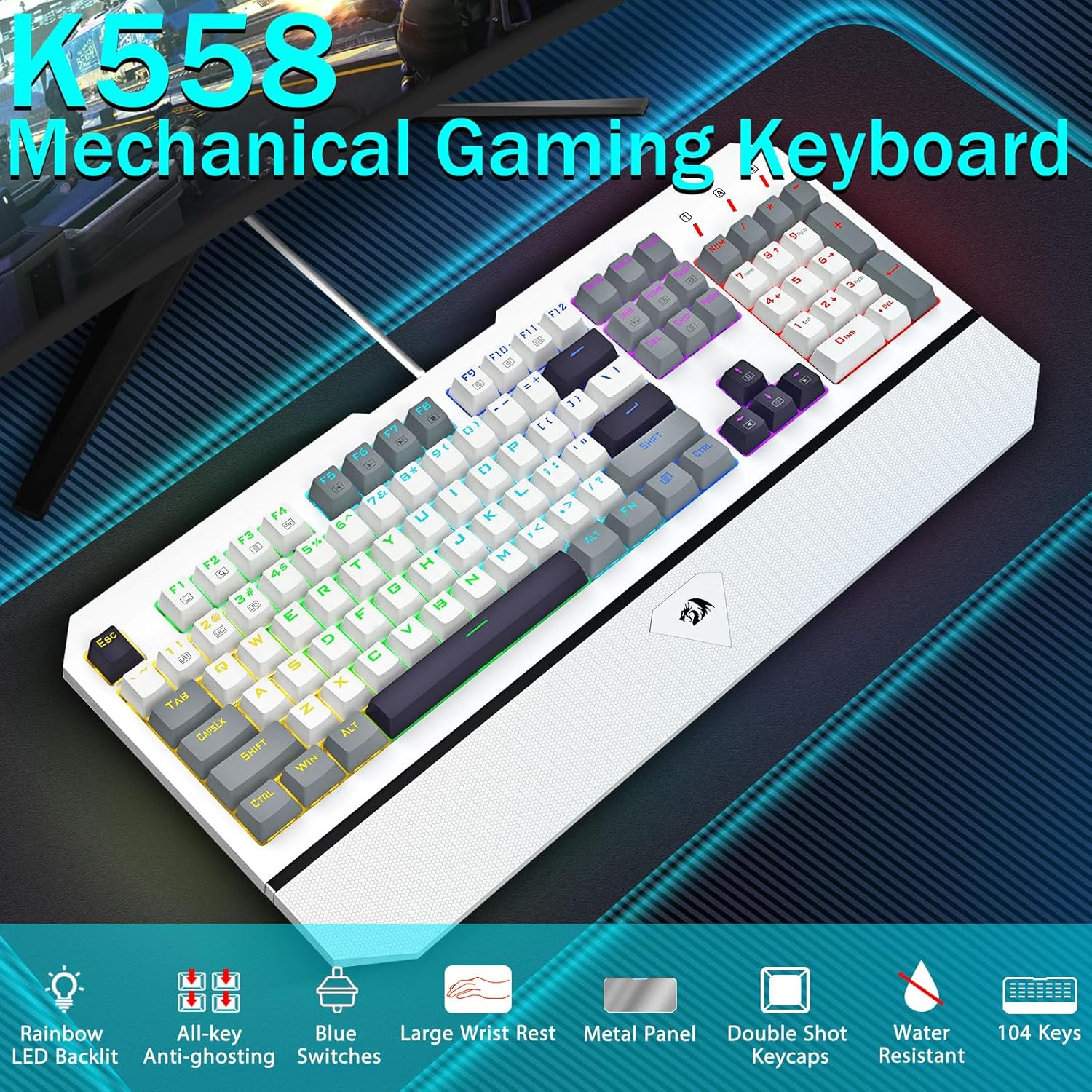Redragon K558WGB-R Andromeda Wired Gaming Keyboard - White - Image 2