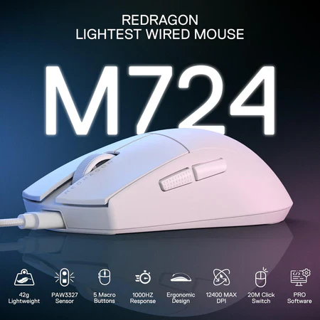 Redragon King 1K Wired Ultra Light-Weight  Wired Gaming Mouse - White - Image 4