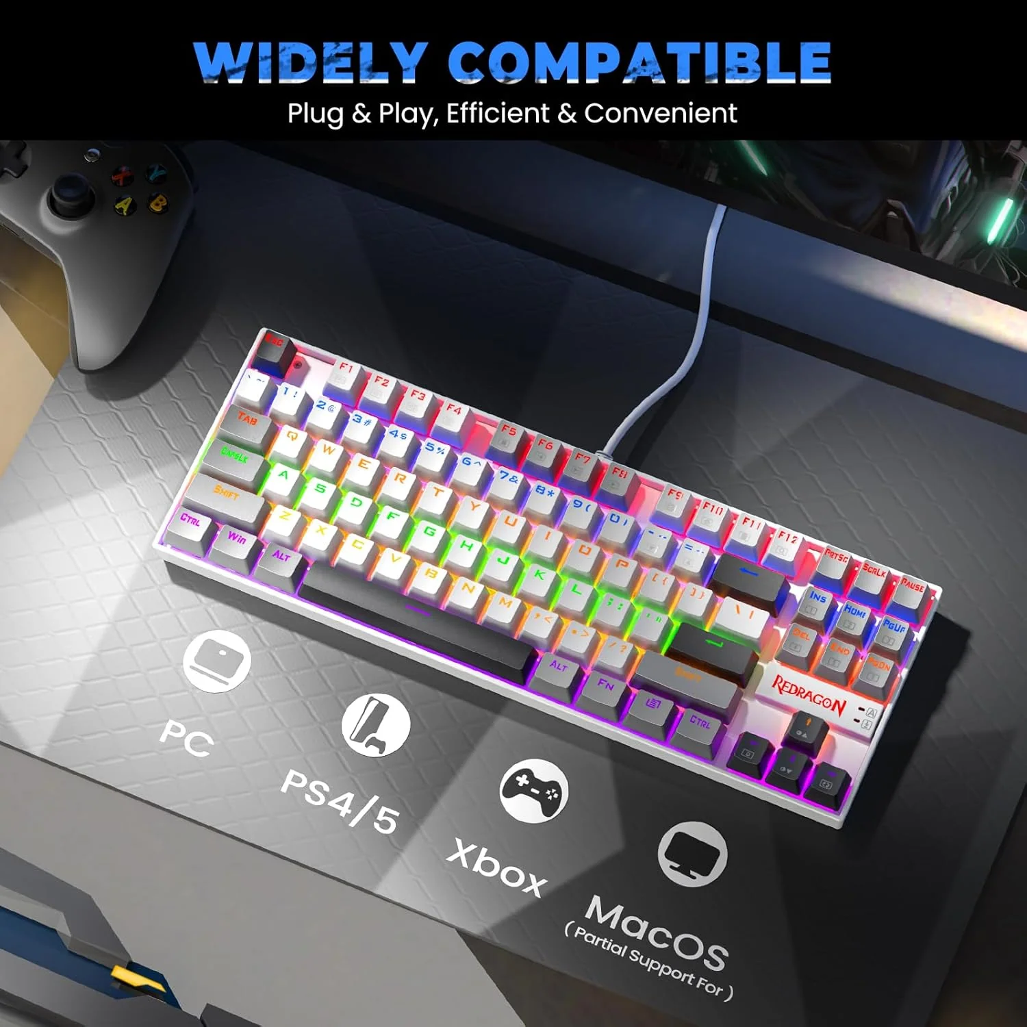 Redragon KUMARA K552WGL 87% Wired Mechanical Gaming Keyboard (R-SW) - White - Image 3