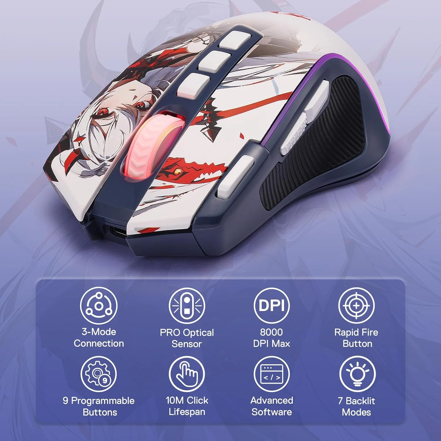 Redragon M612AK PRO RGB Anime 8000 DPI Wired/Wireless Gaming Mouse - Image 2