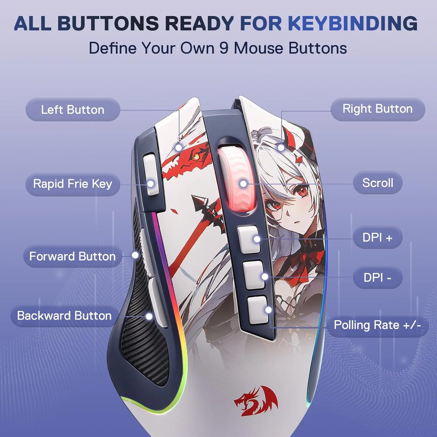 Redragon M612AK PRO RGB Anime 8000 DPI Wired/Wireless Gaming Mouse - Image 3