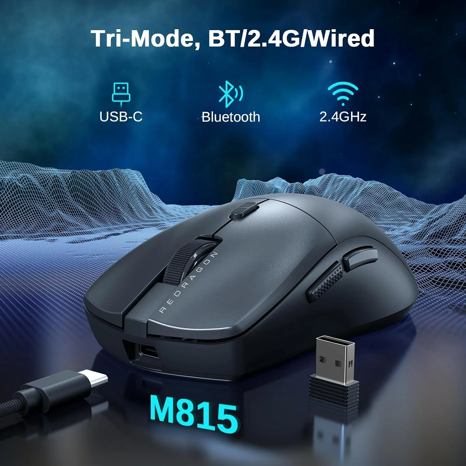 Redragon M815-STD Wired/Bluetooth/2.4G Gaming Mouse - Black - Image 2