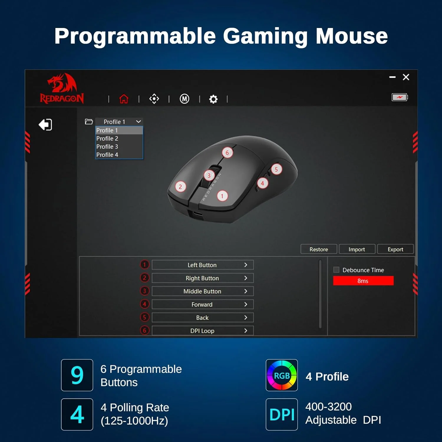 Redragon M815-STD Wired/Bluetooth/2.4G Gaming Mouse - Black - Image 4