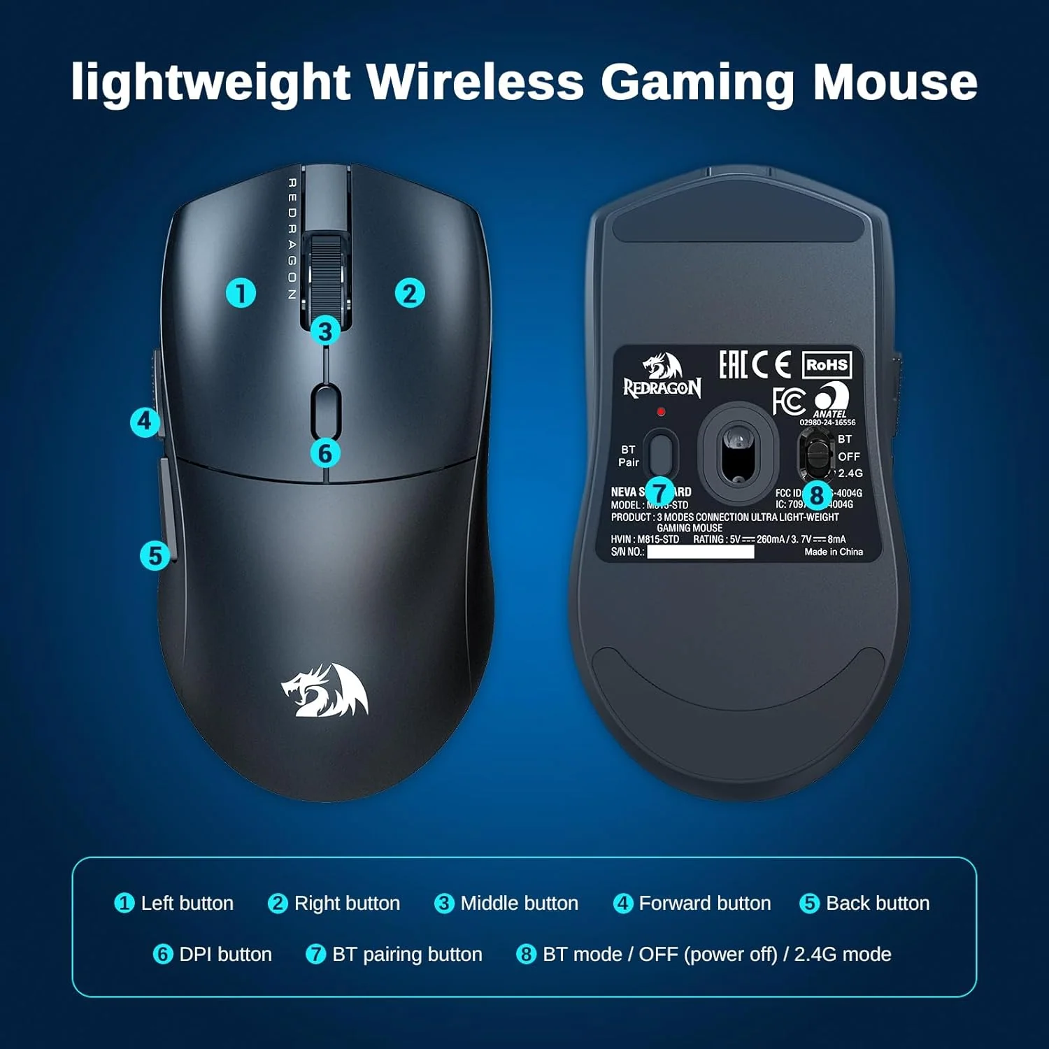 Redragon M815-STD Wired/Bluetooth/2.4G Gaming Mouse - Black - Image 6