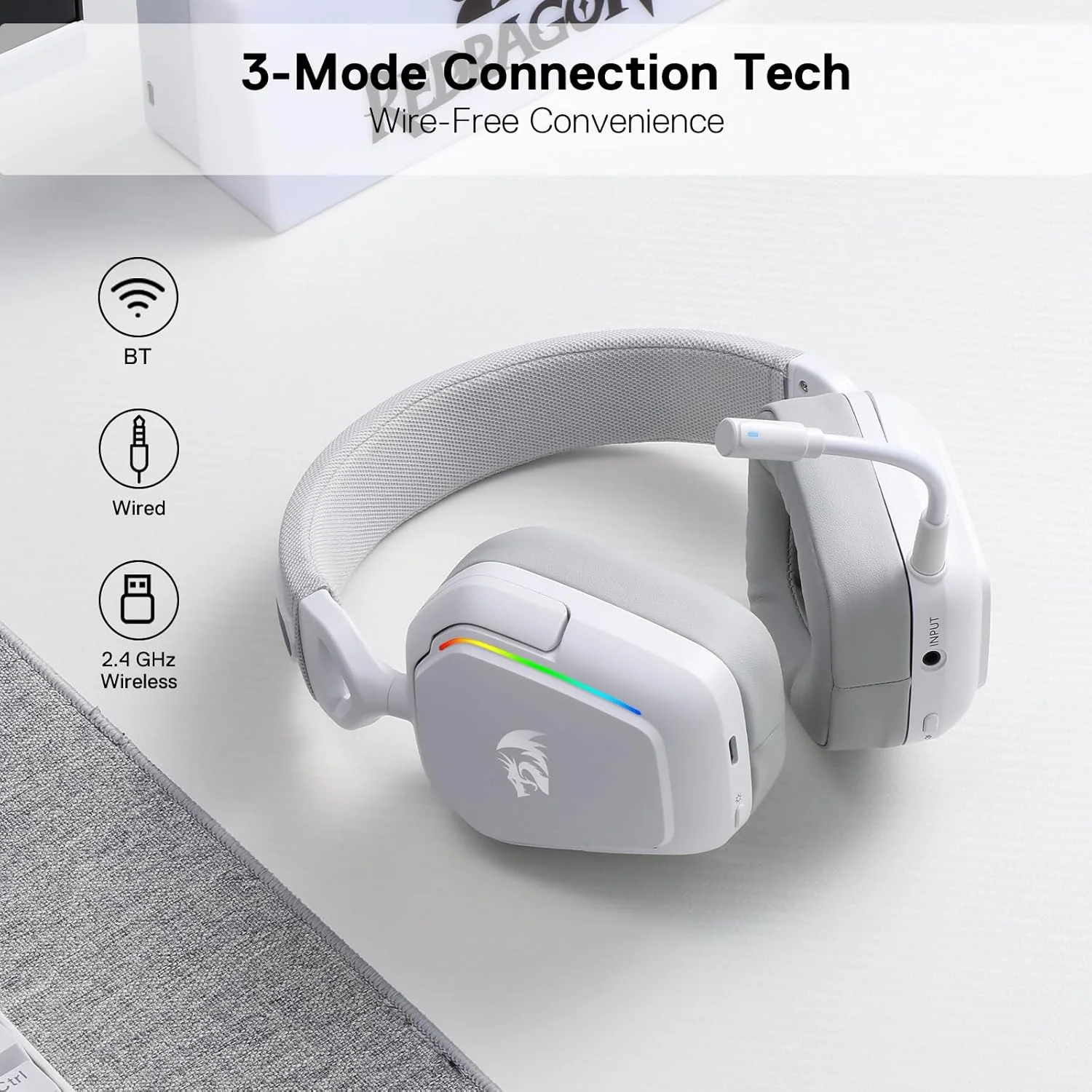Redragon MIRA H868 RGB Wireless Gaming Headset – White - Image 2