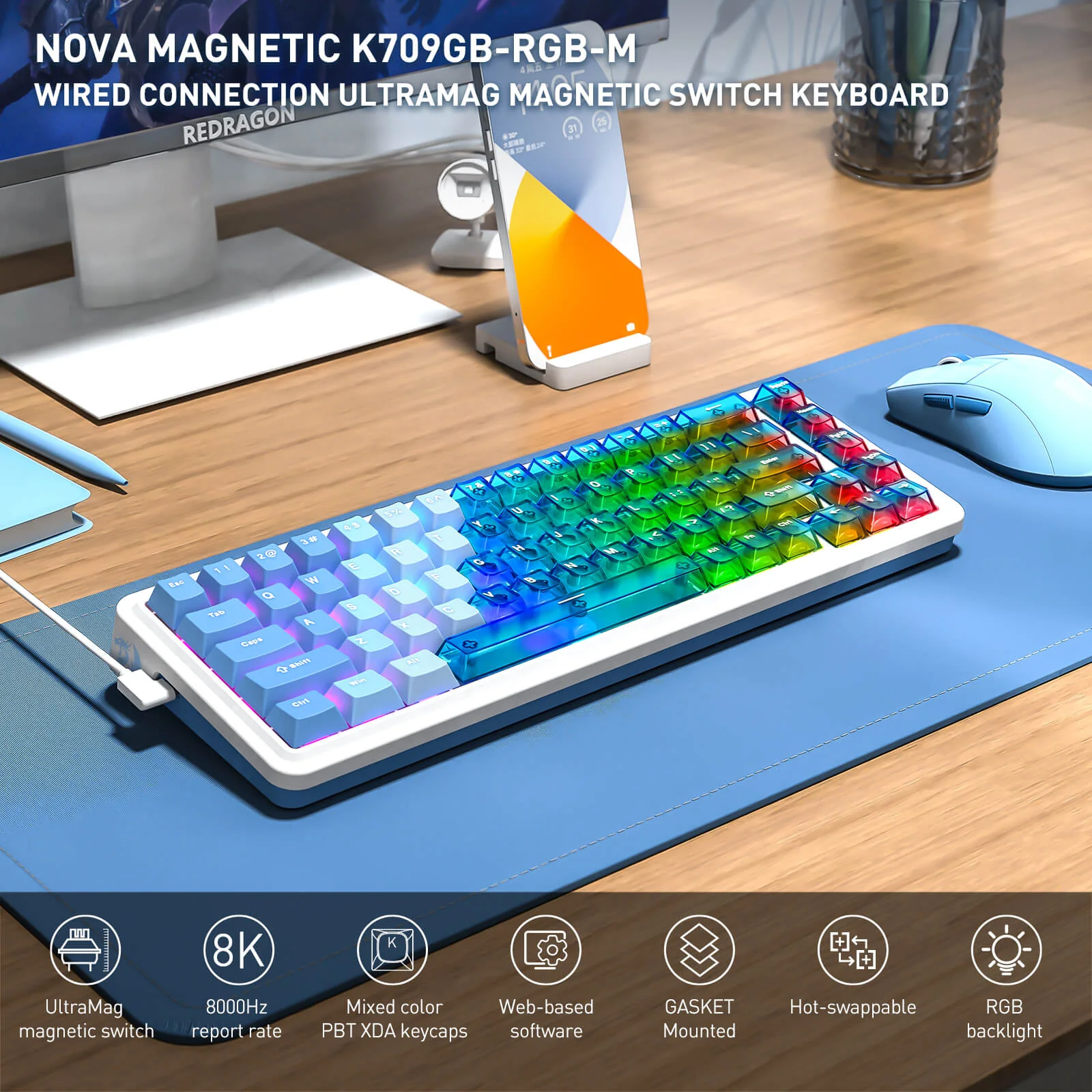 REDRAGON NOVA K709 HE Rapid Trigger Gaming Keyboard (Transparent Blue Keycaps) - Image 4