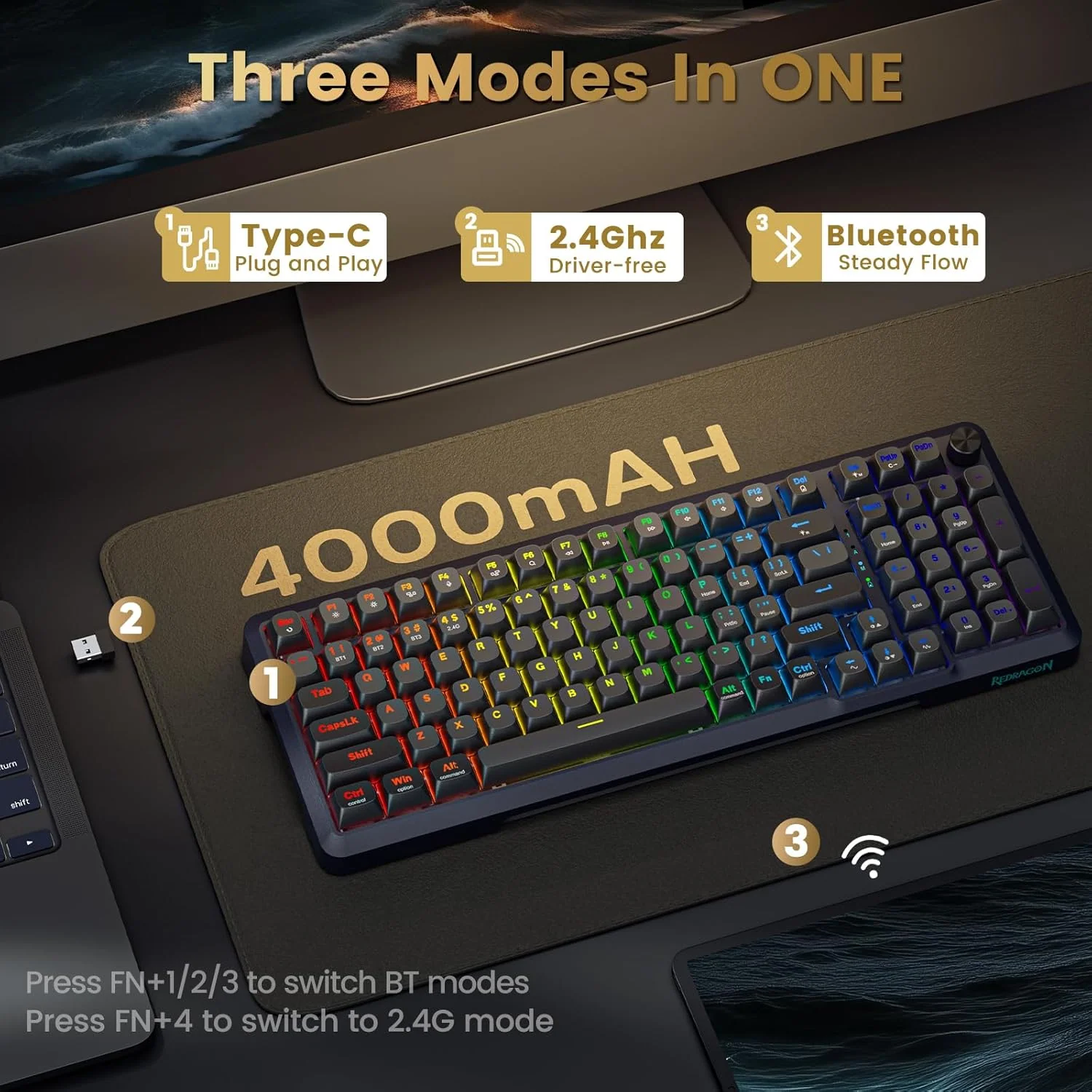 Redragon Wireless Mechanical Keyboard, 3 Mode Gasket Mounted RGB Gaming Keyboard with Volume Knob - Image 5