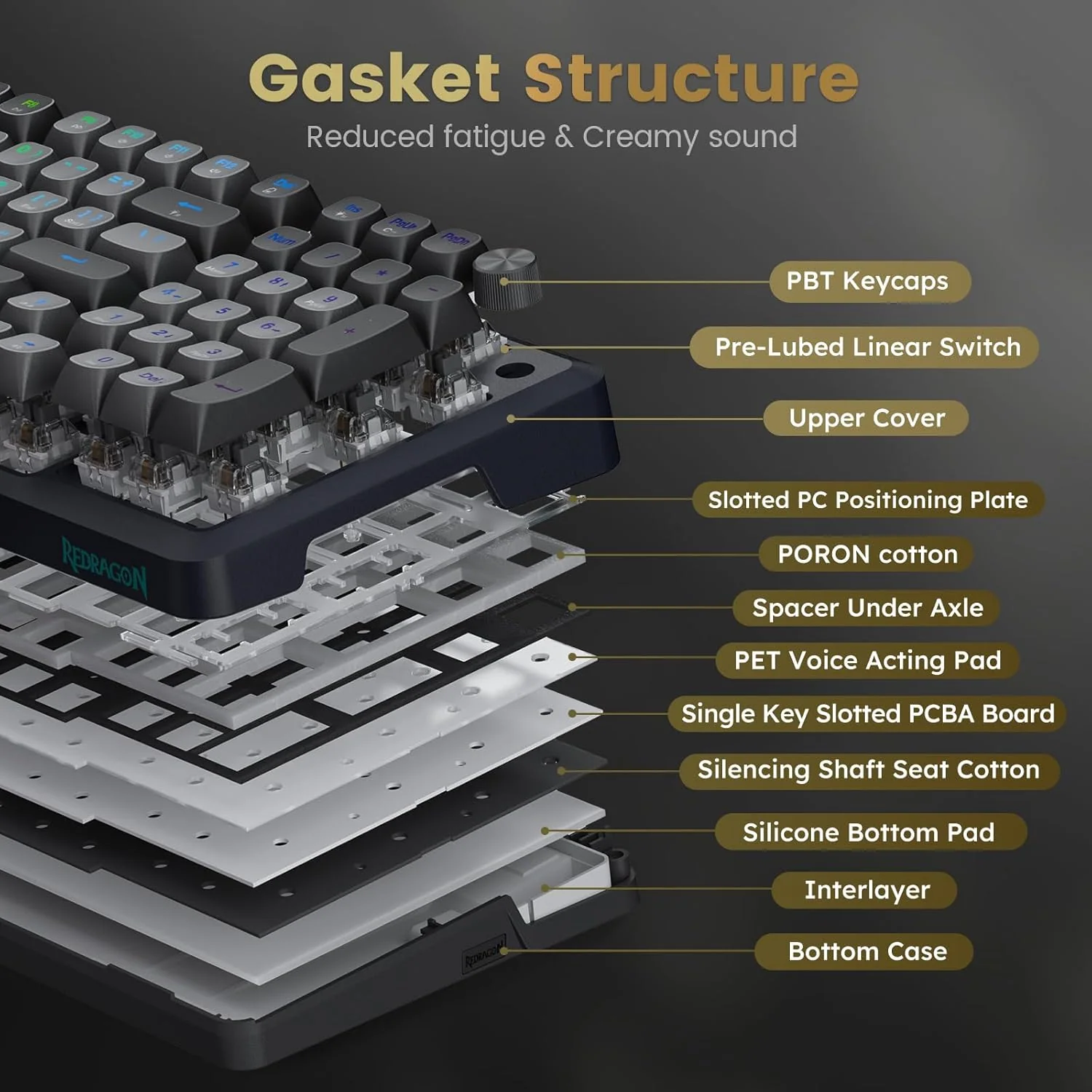 Redragon Wireless Mechanical Keyboard, 3 Mode Gasket Mounted RGB Gaming Keyboard with Volume Knob - Image 6